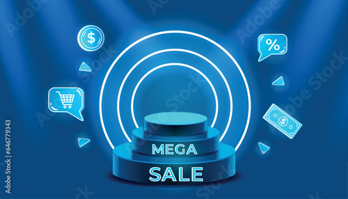 Blue podium with neon elements and the inscription mega sale. Vector illustration abstract empty stage