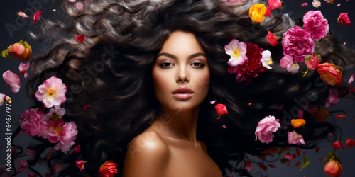 brunette with gorgeous voluminous long dense hair. flowers in hair. hair dye, hairstyle, haircare