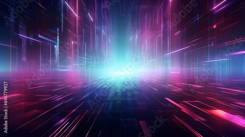 Night city neon color motion on a speedway, blur zoom effect, panoramic technology concept, lights abstract background. Sci-fi illustration with neon lights, city, and road. Generative AI.