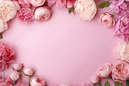 Peonies  roses on pink background with copy space. Abstract natural floral frame layout with text space. Romantic feminine composition. Women day  Mother Day  Generative AI