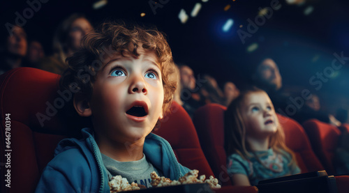 young boy in cinema looking shocked