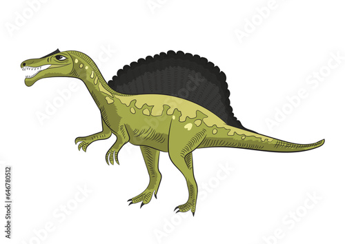 Graphic illustration of Spinosaurus dinosaur.
