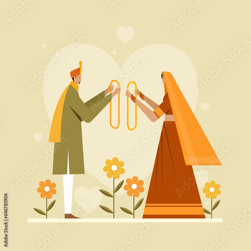 Illustration of an Indian wedding where bride and groom getting married in Hindu religious way