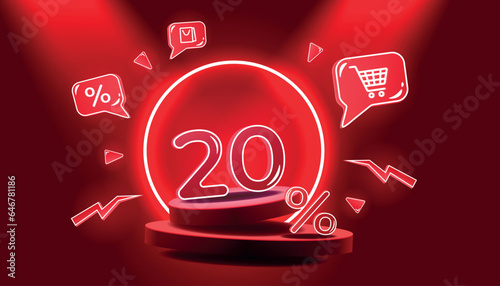 Red podium with neon elements and 20 percent discount. Vector illustration abstract scene with discount