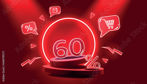 Red podium with neon elements and 60 percent discount. Vector illustration abstract scene with discount