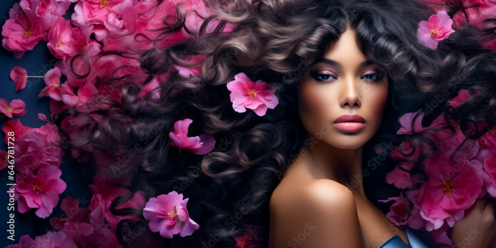 brunette with gorgeous voluminous long dense hair. flowers in hair. hair dye, hairstyle, haircare