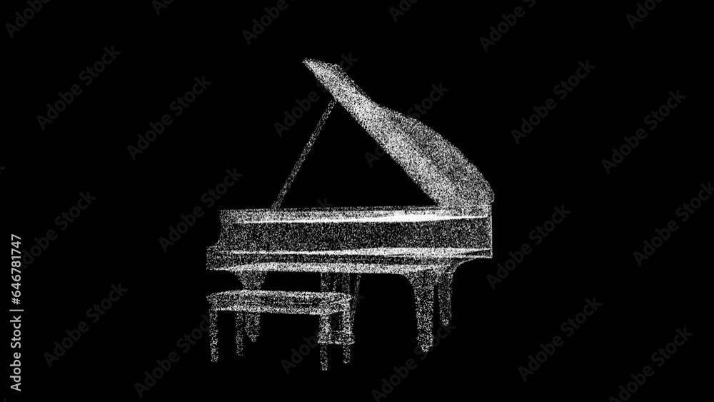 3D Grand piano rotates on black background. Classical music concept. Learning to play the piano. Business advertising backdrop. For title, text, presentation. 3d animation 60 FPS