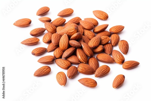 Scattered brown almonds isolated on white background. Close-up view of raw organic nuts. Healthy food for life concept. Vegan and vegetarian tasty snack full of vitamins and, Generative AI