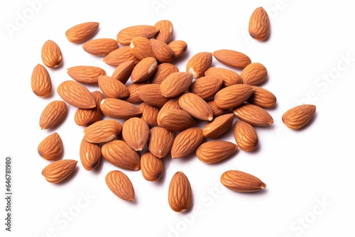 Scattered brown almonds isolated on white background. Close-up view of raw organic nuts. Healthy food for life concept. Vegan and vegetarian tasty snack full of vitamins and, Generative AI