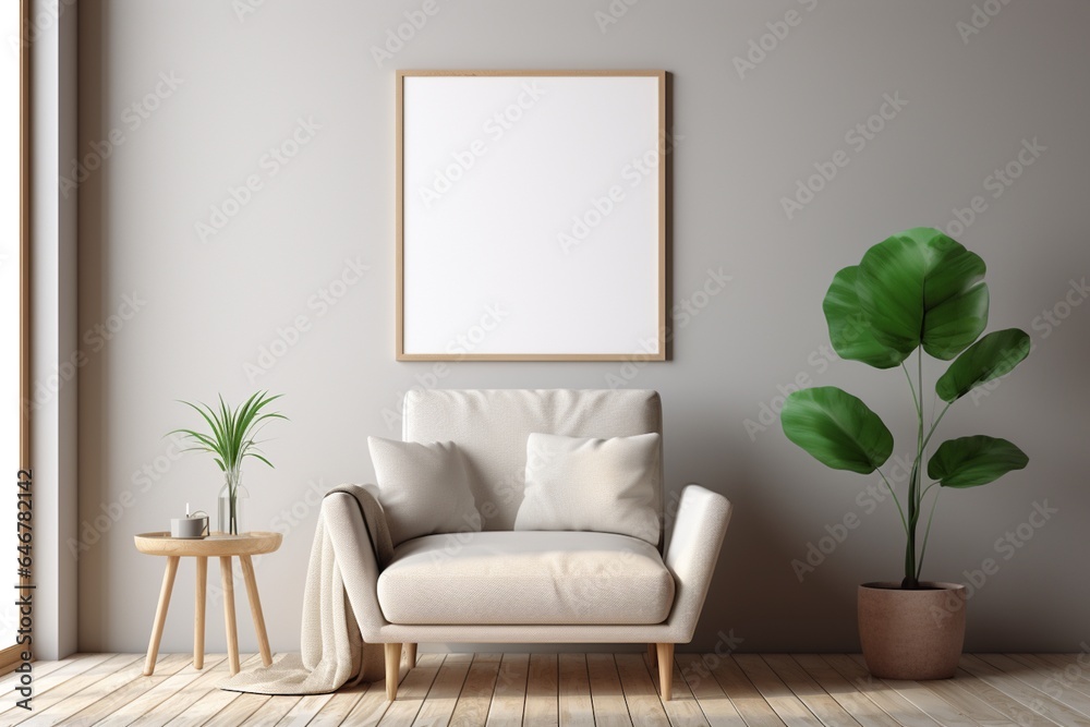 Modern Aesthetic Interior Design with Small Blank Poster Created with Generative AI Modern Aesthetic Interior Design with Small Blank Poster Created with Generative AI