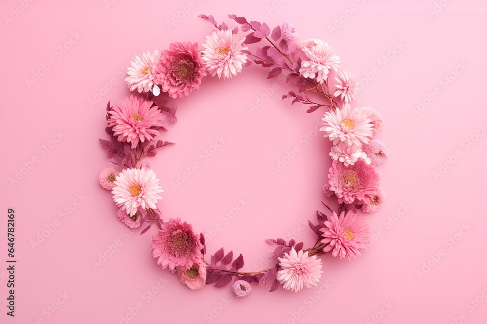 Different small flowers in a wreath on pink background with copy space. Abstract natural floral frame layout with text space. Wedding, International Women day, Mother, Generative AI