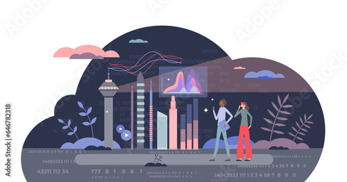 Digital transformation in business with futuristic tech tiny person concept, transparent background. Data technology with 5G and IOT usage for effective and smart automation illustration.