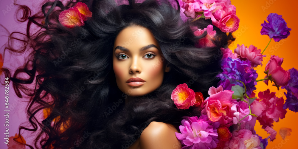 brunette with gorgeous voluminous long dense hair. flowers in hair. hair dye, hairstyle, haircare brunette with gorgeous voluminous long dense hair. flowers in hair. hair dye, hairstyle, haircare