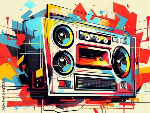 An Illustration of an Old School Boombox with a Cassette Tape Deck, Surrounded by Abstract Shapes