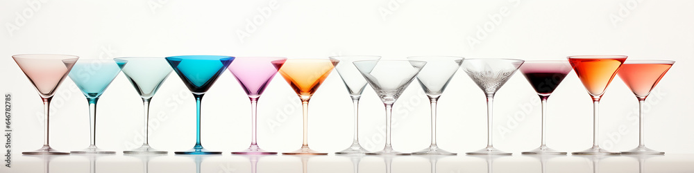 a row of multicolored cocktails isolated on a white background. a row of multicolored cocktails isolated on a white background.