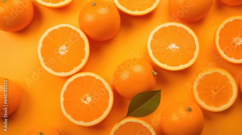 Background of sliced and whole oranges