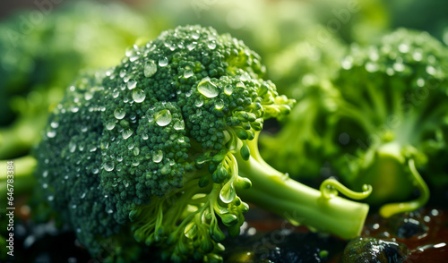 fresh organic broccoli with waterdrops on the ground
