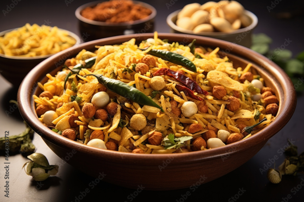 Indian Farsan or nimko or chivda with dry fruits served in a bowl Indian Farsan or nimko or chivda with dry fruits served in a bowl