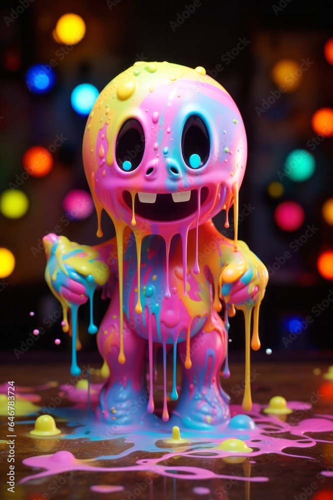 A vibrant toy glows with a mesmerizing display of colorful paint dripping and radiating light, evoking a feeling of joyful energy and creative play