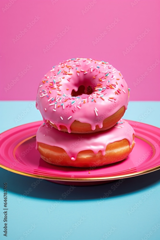 A delightful burst of pink sweetness sits atop a plate, calling to be savored with every bite of the glazed donut adorned with sprinkles - an irresistible confectionery indulgence for any craving A delightful burst of pink sweetness sits atop a plate, calling to be savored with every bite of the glazed donut adorned with sprinkles - an irresistible confectionery indulgence for any craving