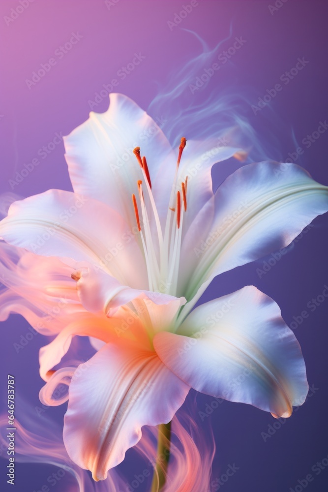 A delicate white daylily unfurls its petals, releasing a cloud of smoke like a breath of fresh air in an enchanted garden