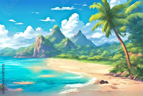 Tropical island with palm trees and sea beach.