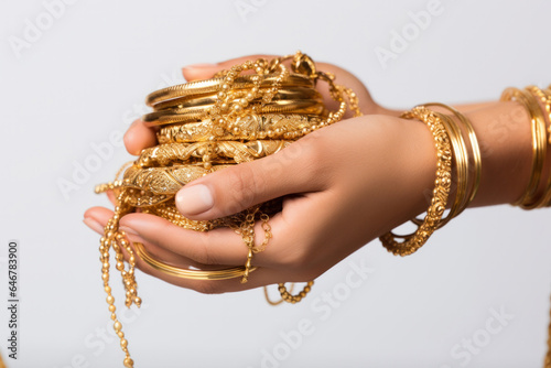 closeup of female hand holding gold jewelry, ornaments - Asset or Gold Loan concept.