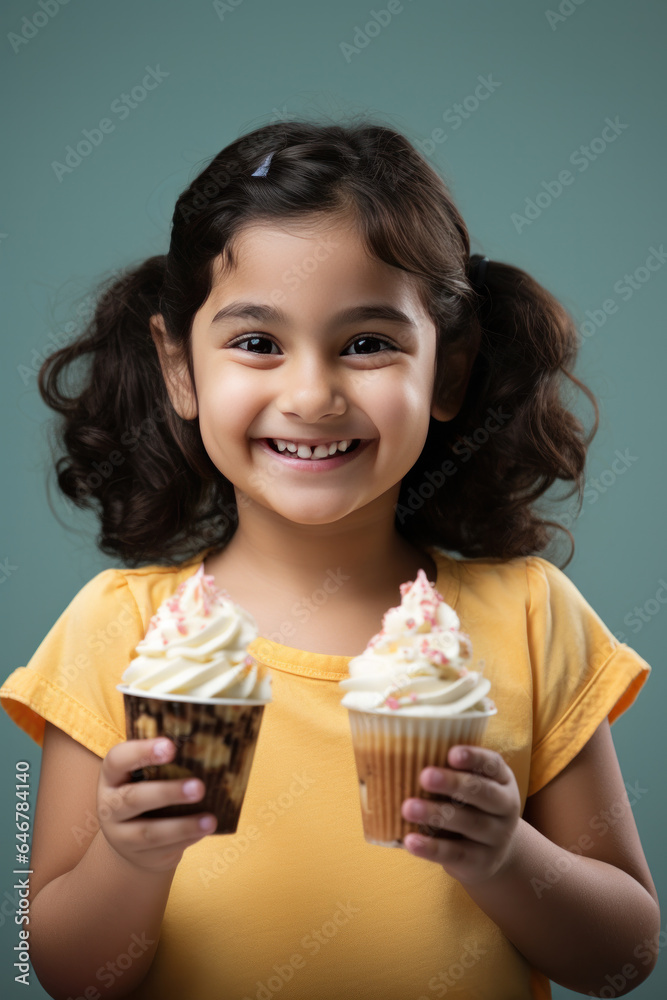 Indian small girl holding ice cream cone or cup