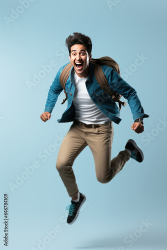 Indian male college student jumping in air with book and bag