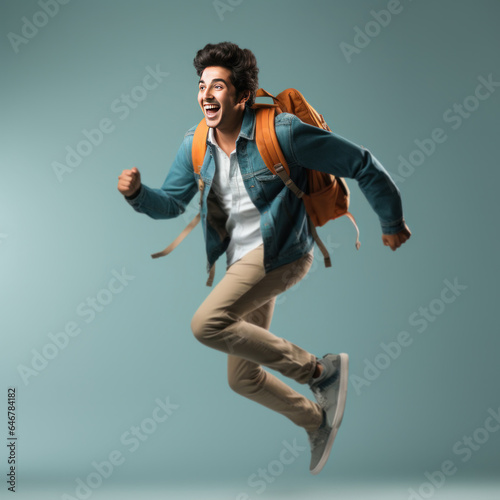 Indian male college student jumping in air with book and bag