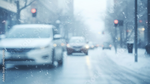 View of city road with cars or traffic in winter snowfall blizzard. Traffic in cold weather © Chanelle/Peopleimages - AI