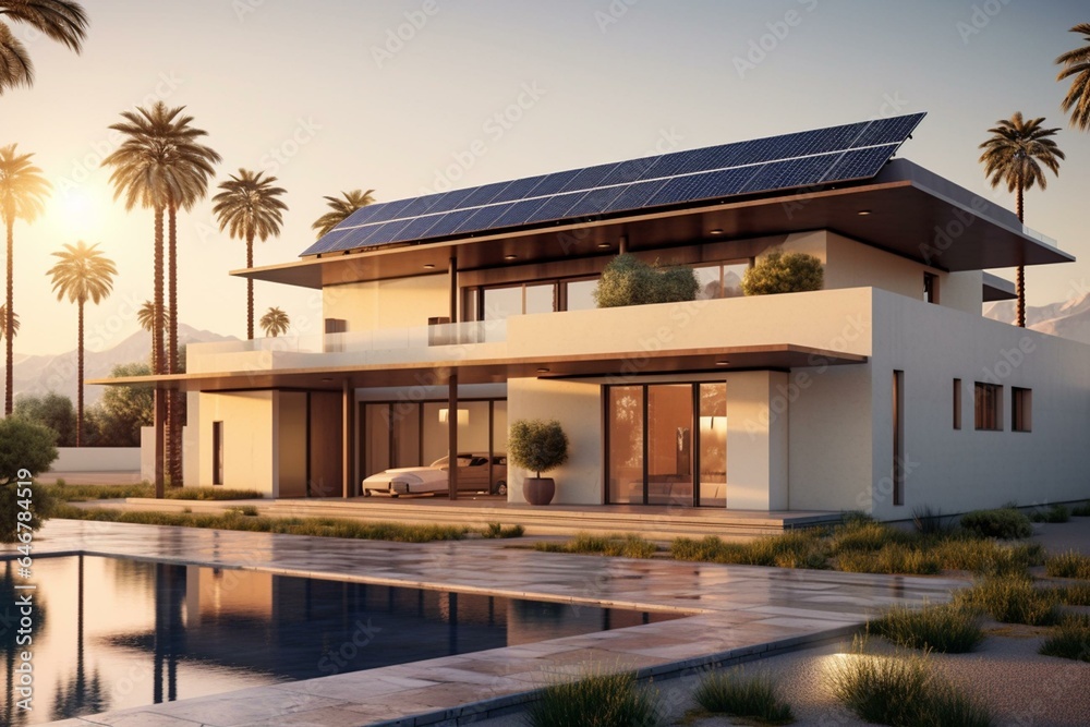 Contemporary house, solar panels, desert setting, palm trees, 3D rendering. Generative AI