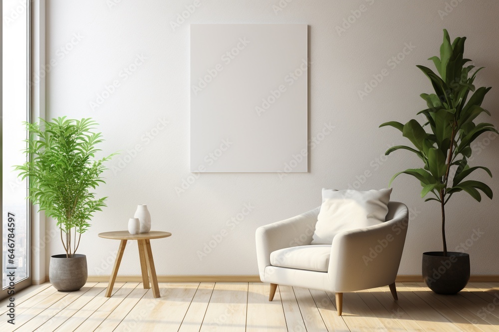 Modern Aesthetic Interior Design with Small Blank Poster Created with Generative AI Modern Aesthetic Interior Design with Small Blank Poster Created with Generative AI