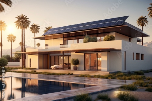 Contemporary house, solar panels, desert setting, palm trees, 3D rendering. Generative AI © Kaida