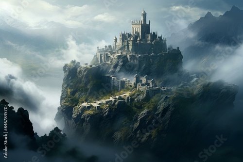 A secretive fortress atop misty peak. Elegant. Generative AI © Kaida