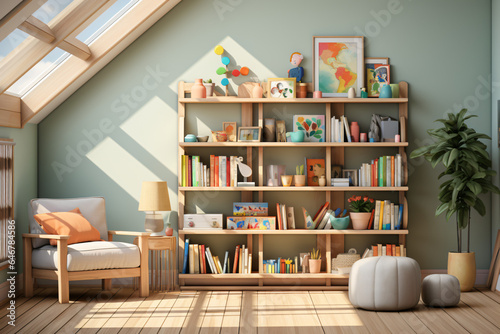 Playful, colorful kindergarten playroom or Montessori school classroom with wooden wall book shelf, carpet floor in sunlight from window for fun learn childhood education interior design background 3D © HejPrint