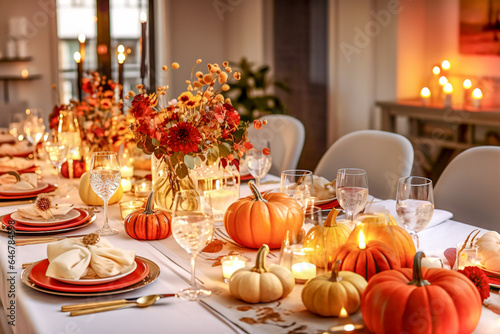 Place setting on a table with mini orange pumpkins, and crystal glasses for Thanksgiving Day or Halloween. 