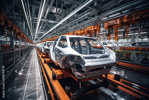 Automobile assembly line production. Automated robot arm assembly line manufacturing high-tech green energy electric vehicles. Automatic construction, building, welding industrial production conveyor.