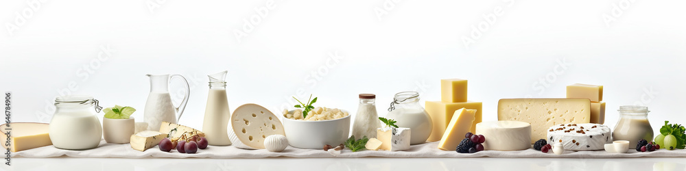 dairy products, cheese, milk, isolated on a white background long narrow panorama composition.
