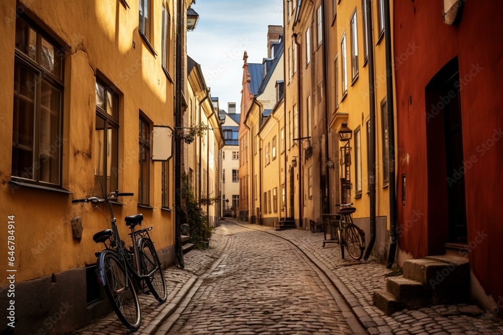 Historical alley with Swedish houses, cobblestone, and bikes in Malmö's old town, Gamla Stan. Generative AI