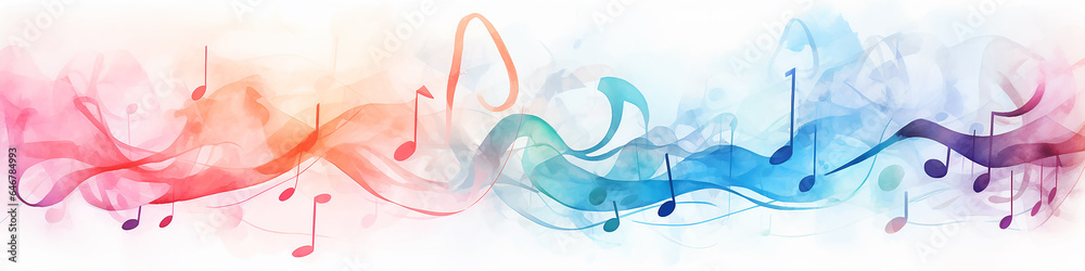 abstract musical long narrow background with notes watercolor. - obrazy, fototapety, plakaty 