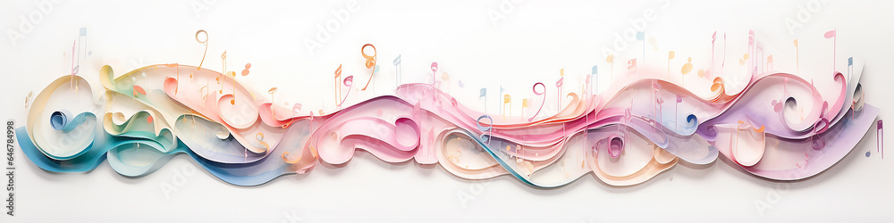 abstract musical long narrow background with notes watercolor. - obrazy, fototapety, plakaty 