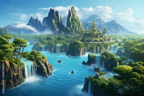 Beautiful 3D island with green forest  tall mountains  cascading waterfalls  and serene ocean. Generative AI