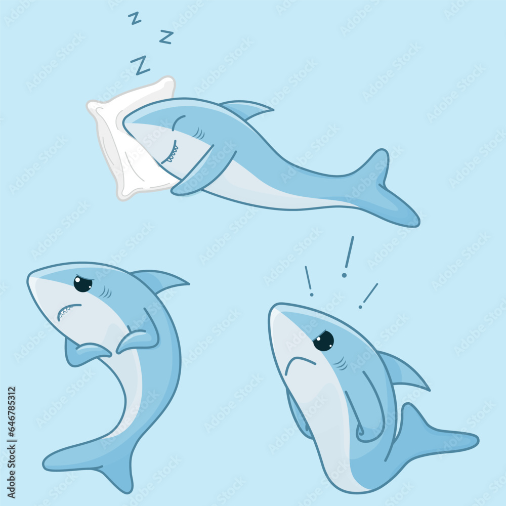 Obraz premium Set of three cute blue sharks in different poses on a blue background