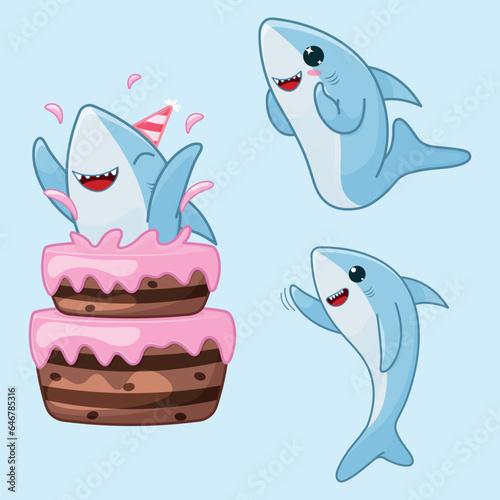 Set of three cute blue cartoon sharks. Character with birthday cake, happy and waving character . Vector illustration isolated on blue background