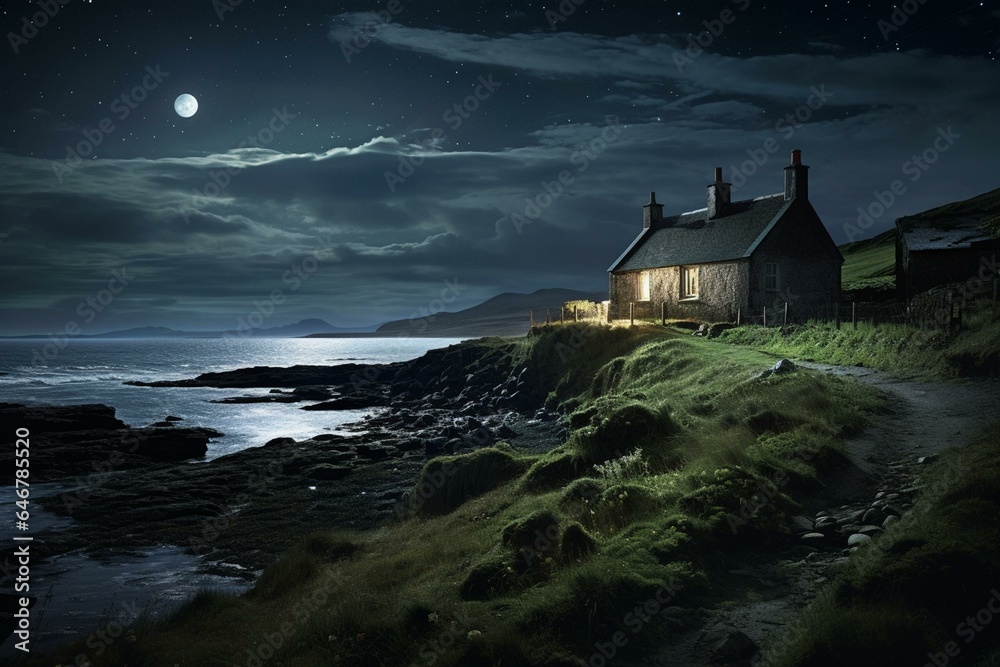 Nighttime Irish expanse with moonlit view of farmhouse along the shore. Generative AI
