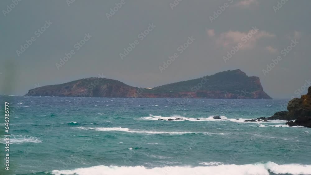 Red Rock Cliff Island Rough Stormy Ocean Waves Sunset Mist Cloud in Bad Weather Red Rock Cliff Island Rough Stormy Ocean Waves Sunset Mist Cloud in Bad Weather
