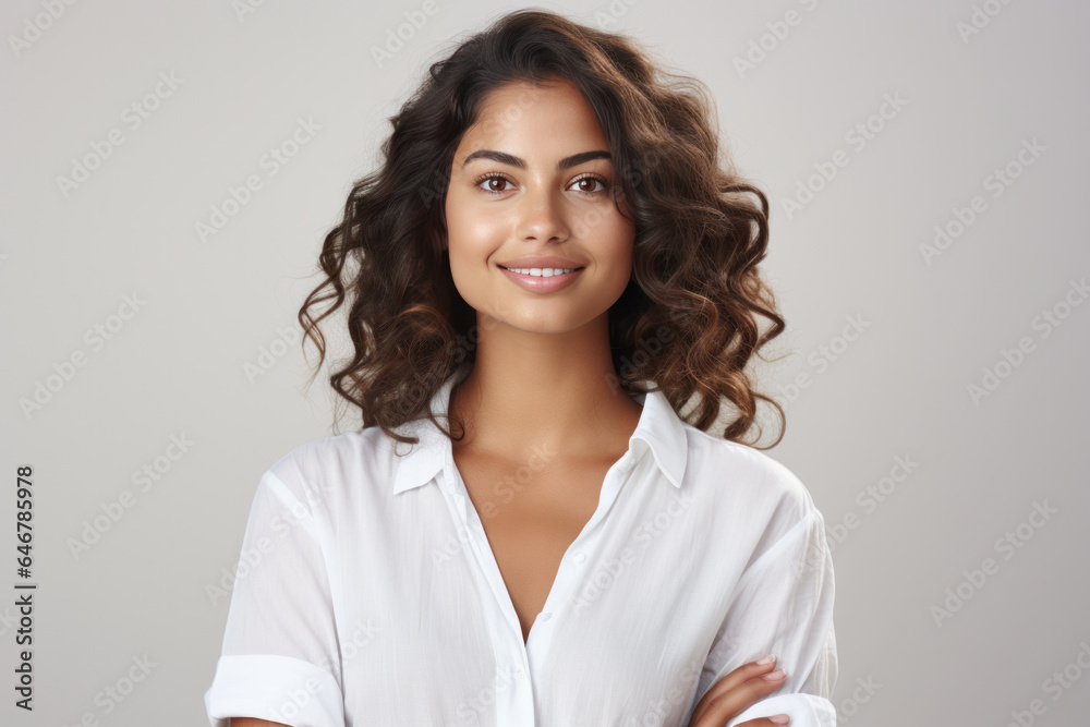 portrait of happy smiling indian woman in white top or tshirt, standing isolated over white background portrait of happy smiling indian woman in white top or tshirt, standing isolated over white background
