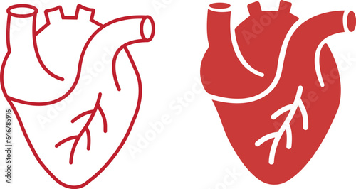 set of red Human Heart icons, Cardiac Muscle Line and Silhouette Color flat Icons. Medical Cardiology Pictogram. Healthy Cardiovascular Organ Symbol isolated on transparent Background.