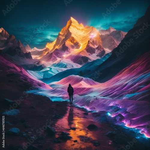 beautiful view of colorful mountain and man stands watching the water and mountain with attractive light and details 